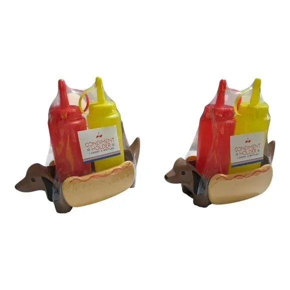 Dachshund Hot Dog Condiment Holder Set Ketchup Mustard Bottles Wiener Dog Caddy - Picture 4 of 4